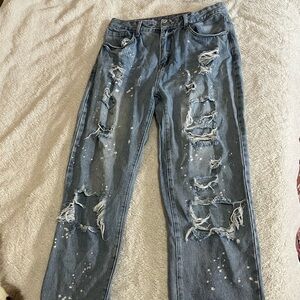 Blue Distressed Paint Splatter Jeans Size L Streetwear Rip & Patch